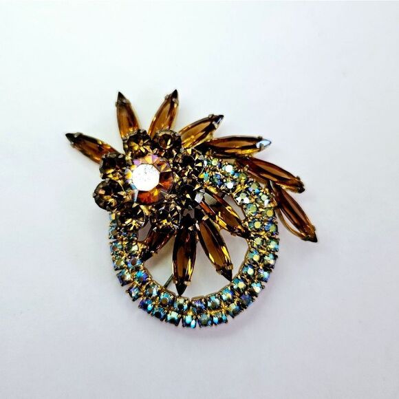Broche Vintage Ronde - Cristaux Couleur Or Et Citrine, Brillante, Bon état